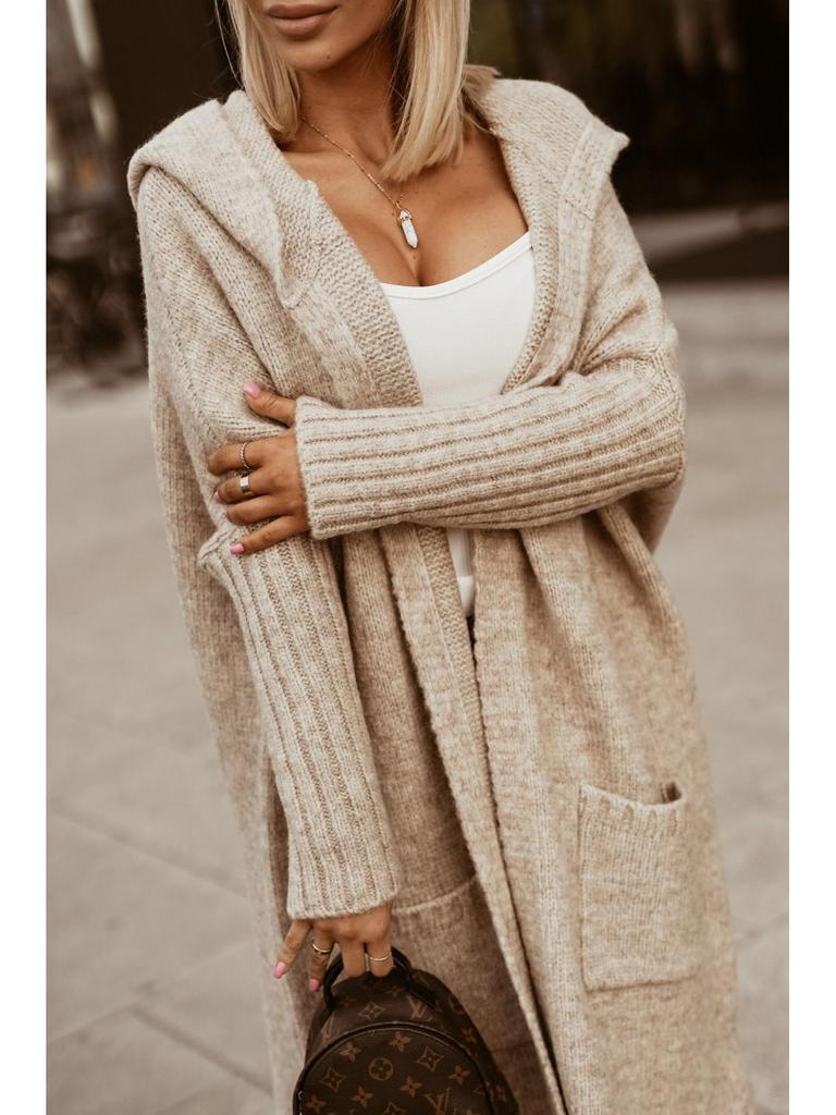 Autumn/Winter Hooded Long Cardigan Sweater with Turn-Down Collar and Letter Knit Design