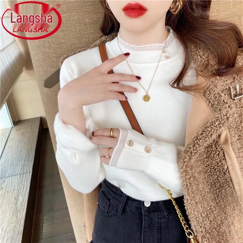 Langsha Women s Slim Fit Semi-High Collar Lace Knit Base Layer Sweater One Size (fits 80-140 jin)