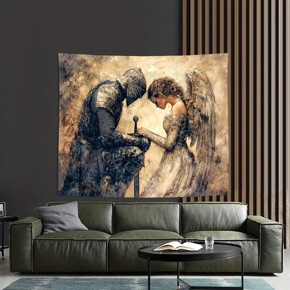 Arazzo Cavaliere e Angelo, Guerriero Medievale con Fanciulla Alata, Arte Murale Fantasy Romantico per Arredamento Casa Camera da Letto