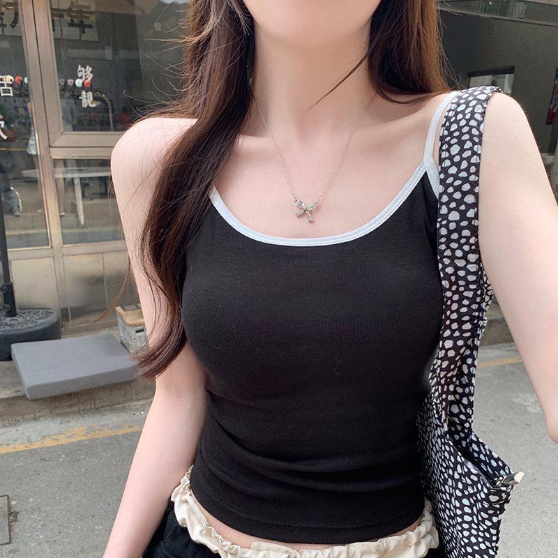 Sweet Girl Contrast Color Camisole Vest For Women Integrated With Chest Pad Slim Fit Classic Versatile Design Inner And Outer Wear Top