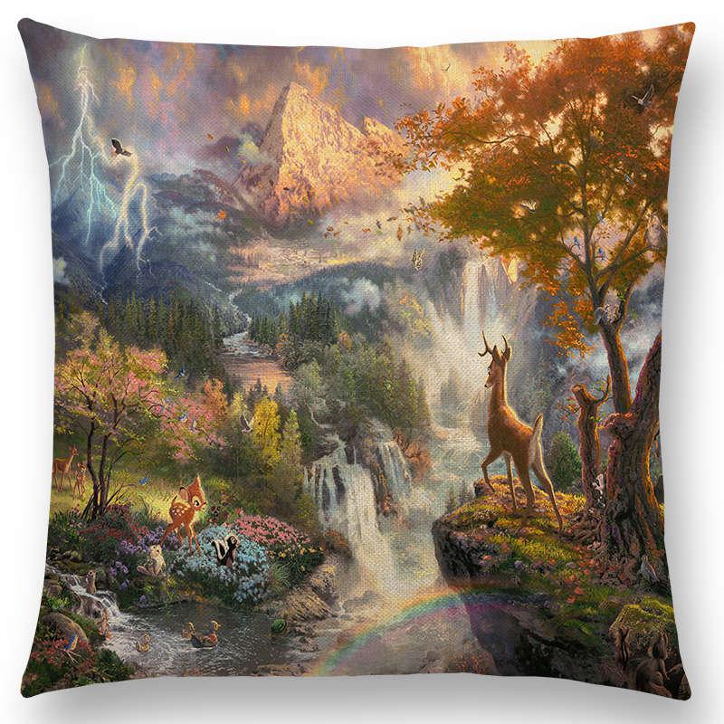 Home Decor Rustic Oil Painting Cushion Cover Beautiful Landscape Castle Lighthouse Sofa Pillow  Bedroom