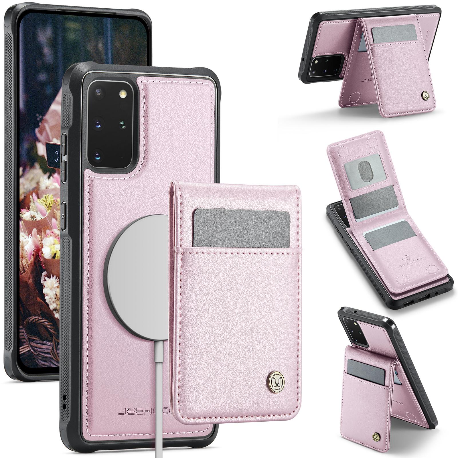 

For Samsung Galaxy S20 Plus 5G Leather Back Cover Compatible with MagSafe JEEHOOD J06 Phone Case with Card Bag RFID Blocking Pink