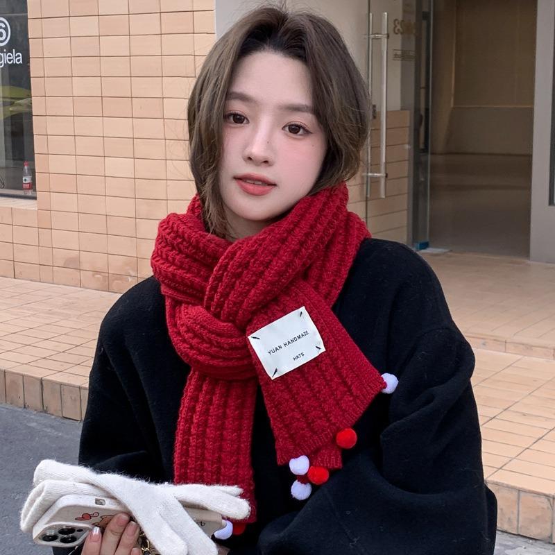 New knitted hairball red scarf women's winter versatile neck protection scarf cute and advanced sense