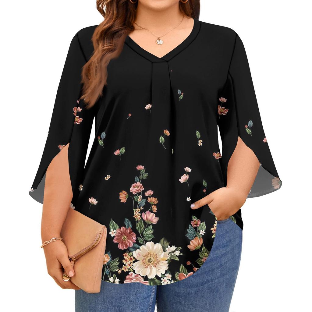 Bluze de damă imprimate cu gât în V, mărimi mari, mâneci 3/4, bluze elegante