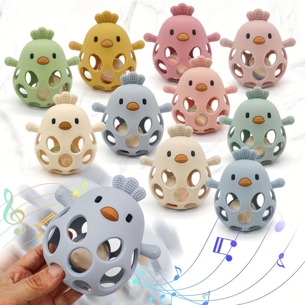 Jucărie de dentiție din silicon, culori asortate, puișor cu zornăitoare - Jucărie de prins cu mâna și de mestecat pentru cei mici