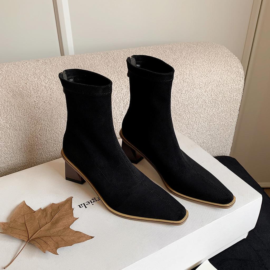 6CM Niche Fashion Simple Elastic Thin Boots 2025 Autumn and Winter New Square Head Thick Heel Rear Zipper High Heel Short Boots