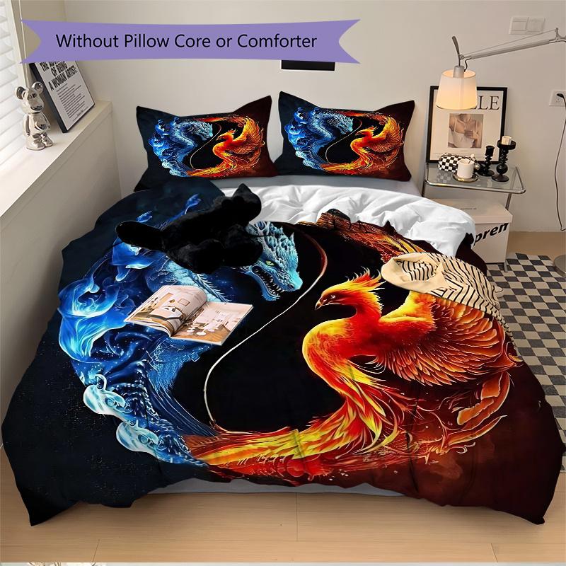 3pcs Blue Dragon and Red Phoenix Bedding Set - Includes 1 Quilt Cover and 2 Pillowcases, Comfortable Bedding with Stylish Design for Bedroom, Mac