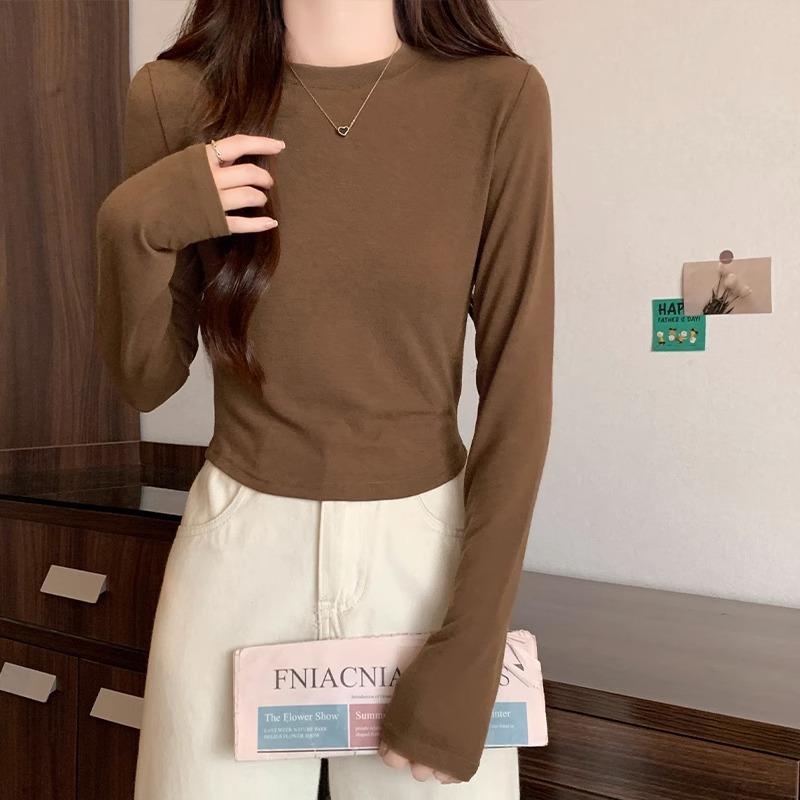 Designed Slim-fitting Right-shoulder Long-sleeved Round-neck Stretch T-shirt for Women In Early Autumn New Style High-waisted Short Bottoming Top