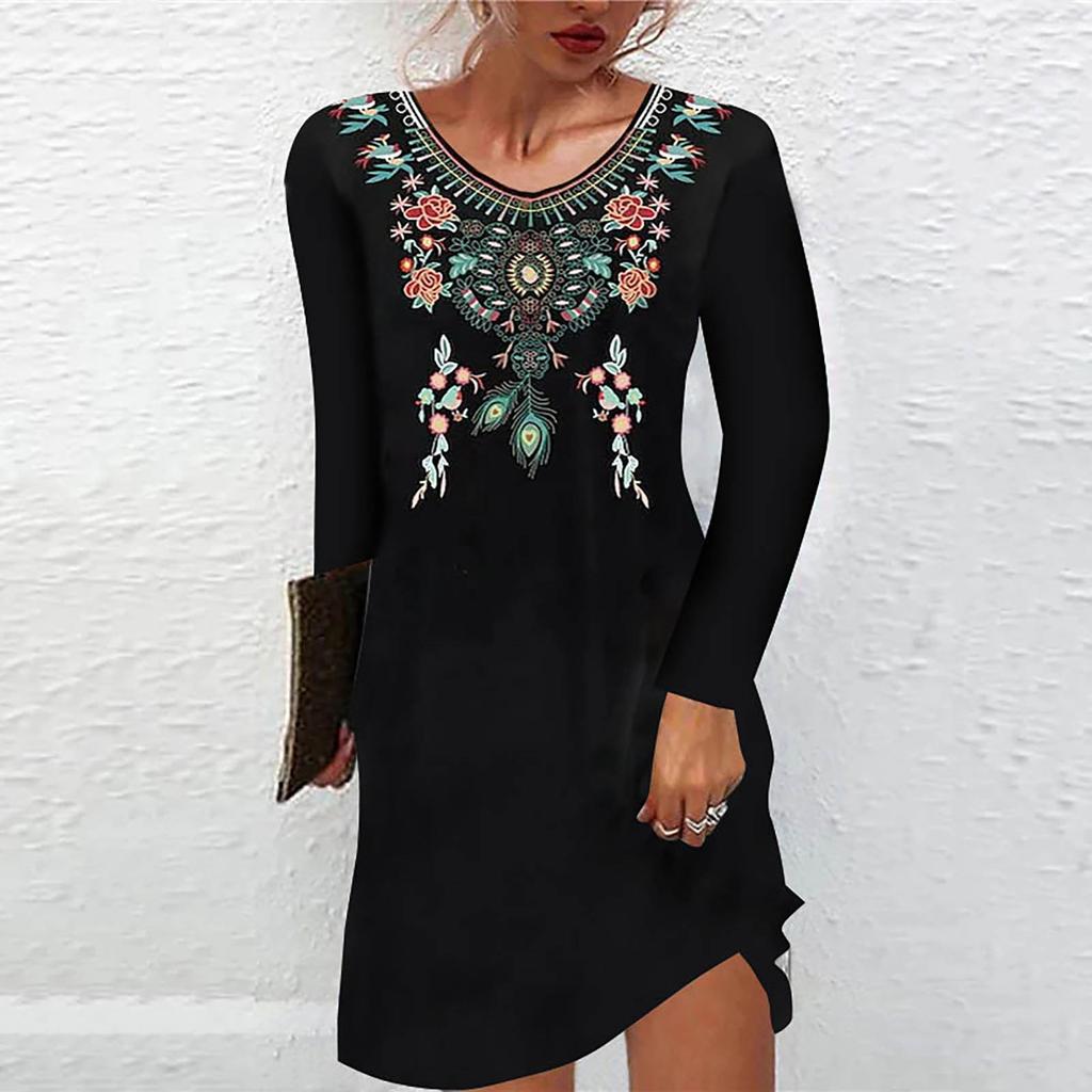 Women's  Retro Printing  O-Neck Long Sleeve Ethnic Style Comfy Casual Dress