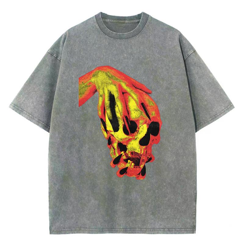 Street Style Skull Print Washed Denim Women's T-Shirt New Loose Crew Neck Short Sleeve Student Party Vintage Top