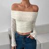 Off Shoulder Slim Fit Lace Crop Tops Fashion Spring Summer Solid Color Long Sleeve Blouse Hollow Out Sexy Short Shirt Streetwear Casual Sweet Clothing