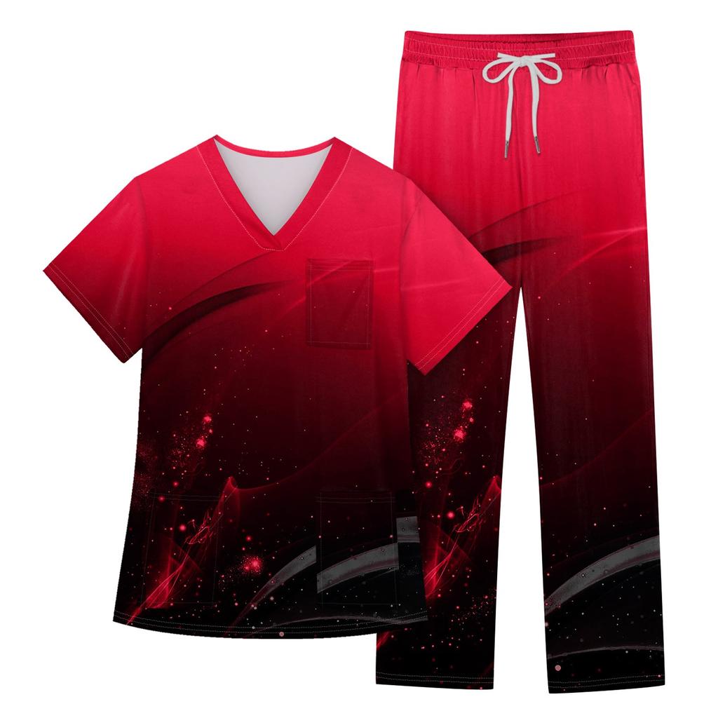 Women's Short Sleeve V Neck Animal Print Chest Pocket Work Top Elastic Waist Pants Two Piece Work Set