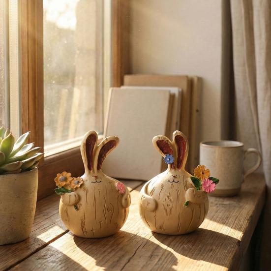 2 Pcs Easter Bunny Figurine Cute Round Garlic Bunny Statue Resin Rabbit Sculpture for Shelf Mantel Tabletop Spring Indoor Decoration