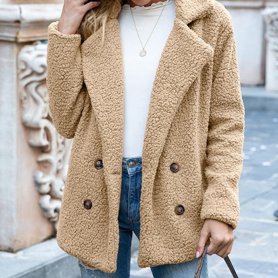 Dámský zimní kabát jednobarevný umělý fleece dlouhý rukáv knoflíky bunda svrchní oděv