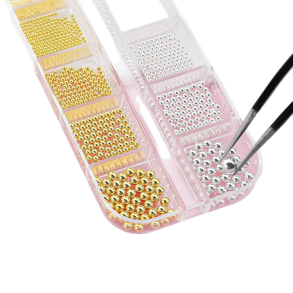 12-Grid Nail Art Set: Glass Rhinestones, Mini Steel Beads, Flat-Bottom Half Pearls for Decoration.