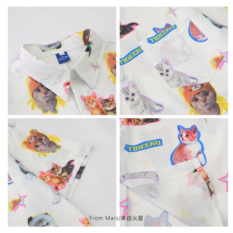 Harajuku Kawaii Cat Print Blouses Women Cute Graphic White Short Sleeve Shirts Oversized Casual Beach Style Cardigan
