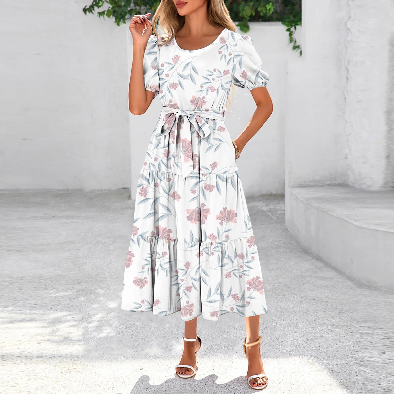 

Женское летнее платье макси с коротким рукавом, круглым вырезом, поясом и карманами в стиле бохо с струящейся отделкой XXL белый