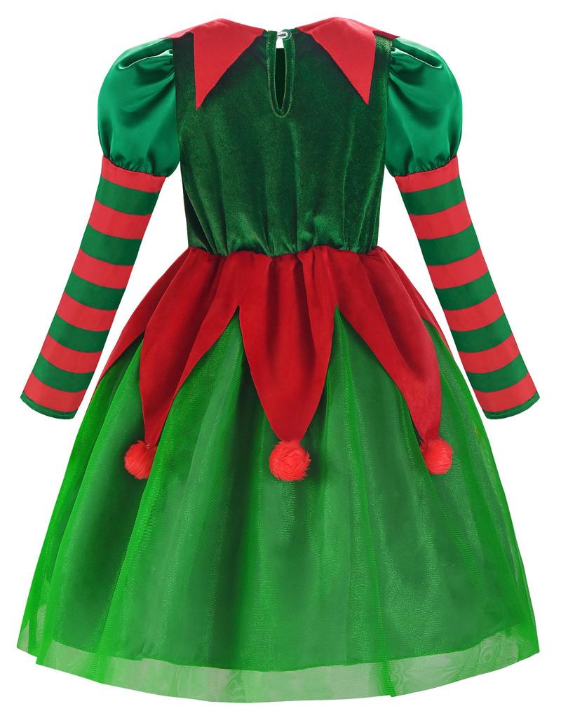 ReliBeauty Santa Dress for Christmas Elf Hat and Socks Size 120 Girls, Costume, Cosplay, Set, Red/Green,