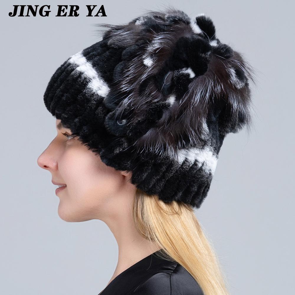 Winter Women's Warm Fashion Beanie Knitted Hat Real Rex Rabbit Fur Hat Knitted with Side Flower Russia Hat