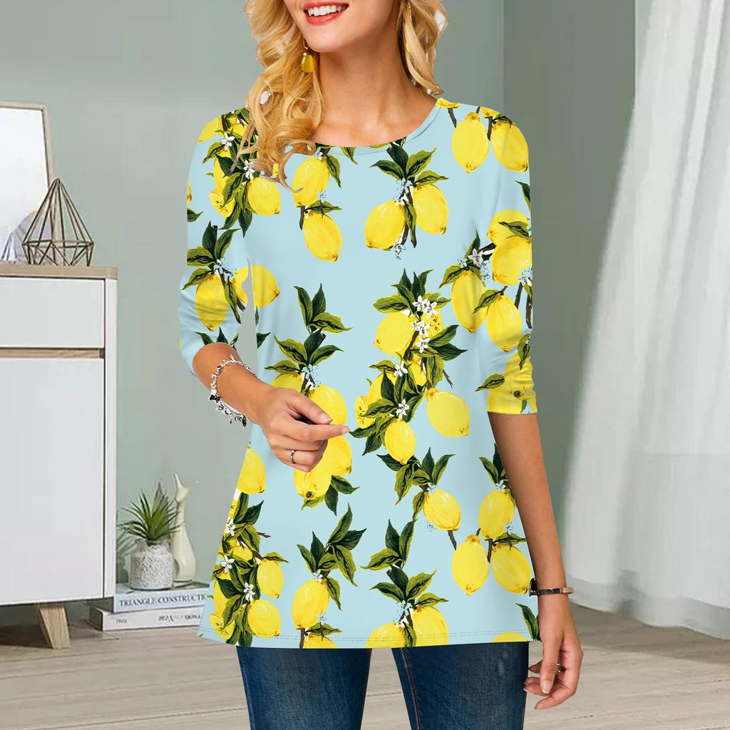 Übergröße Damen Blumen Früchte Print Rundhals Lässig Locker Langarm Oberteil