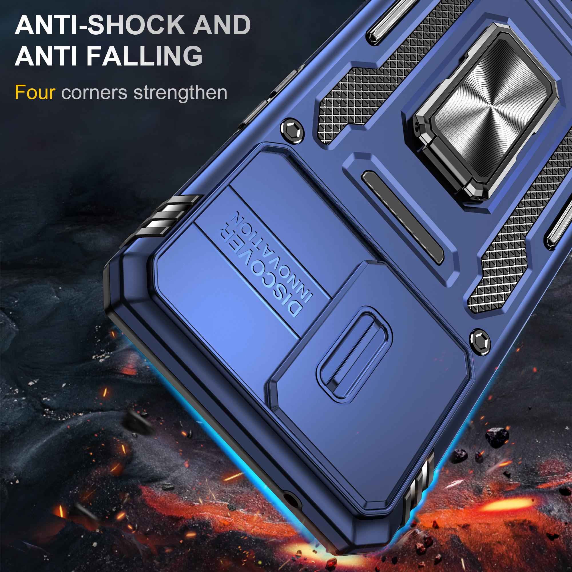 

For Oppo Reno7 4G Armor Series Drop-proof PC+TPU Cover Kickstand Phone Case with Slide Lens Lid Navy Blue