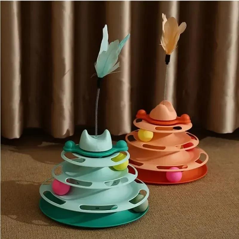 Four Layer Cat Toy Rotating Ball Cat Amusement Plate Automatic Cat Playing Stick Feather Cat Rotating Ball Space Tower Game Toy