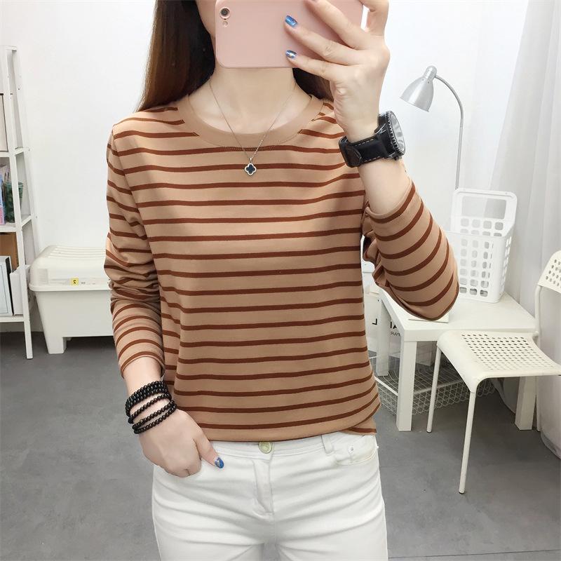 Fashion Women Stripe Top Stylish Long Sleeve Tops Round Collar Pullover Tops T-shirt Lady