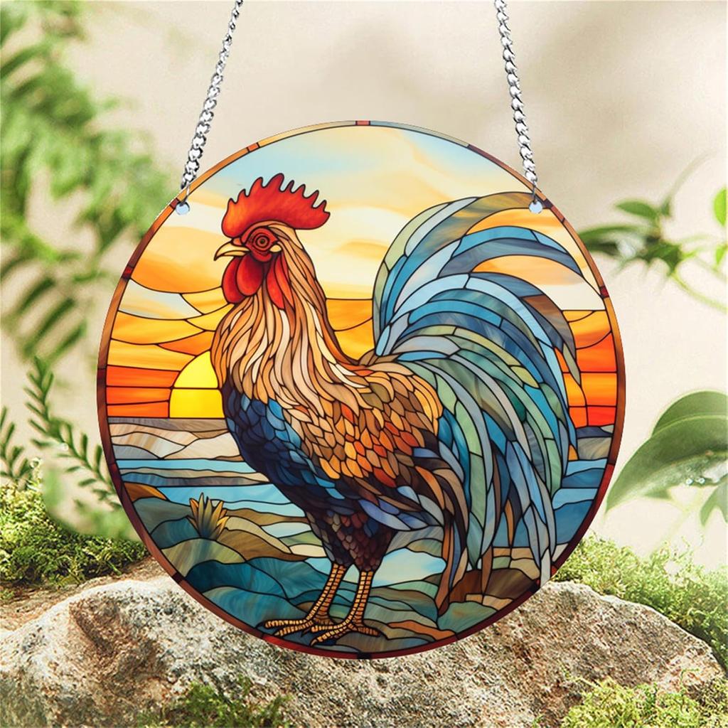 Rooster Sunrise Stained Window Hanging Indoor Outdoor Stained Suncatchers for Window Acrylic Panels Kitchen Bedroom Garden Wall Art Decoration Gifts