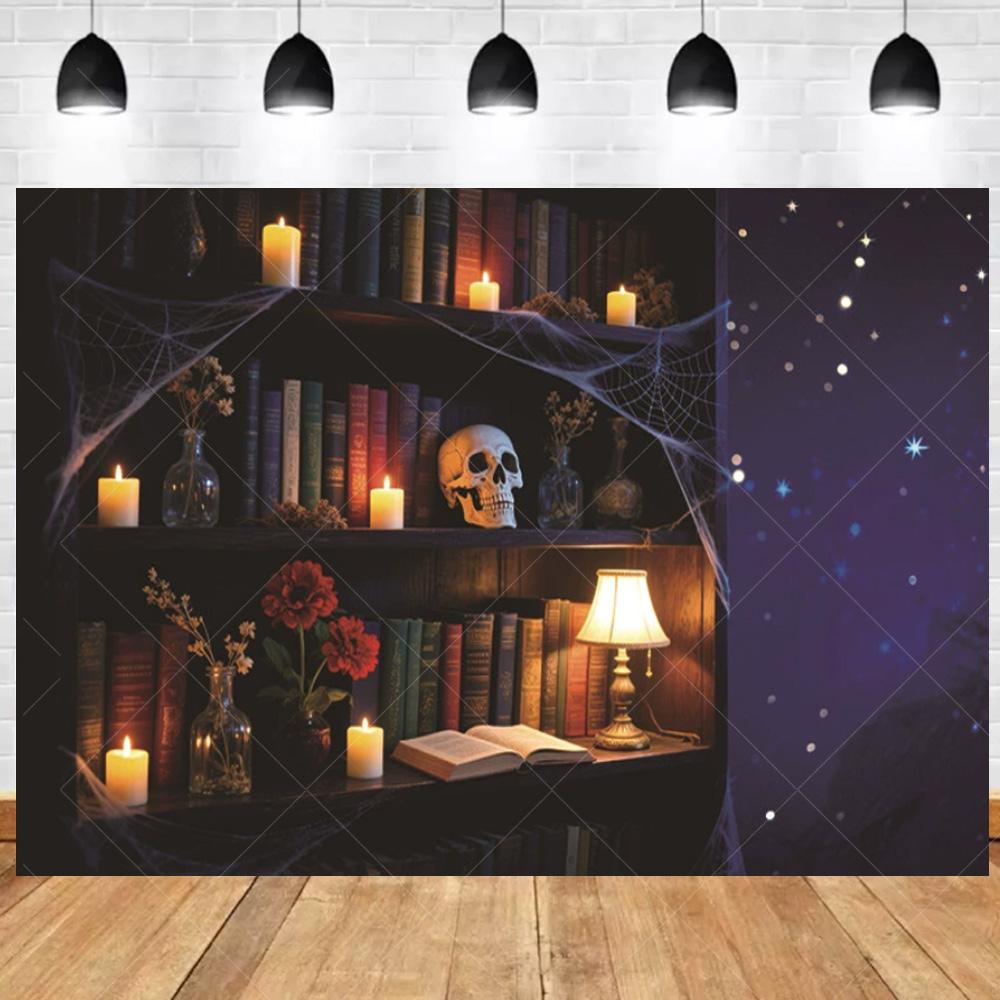 1pc Gothic Halloween Party Backdrop with Night Moon Castle Witch Pumpkin Dustproof Banner for Halloween Themed Party Decoration
