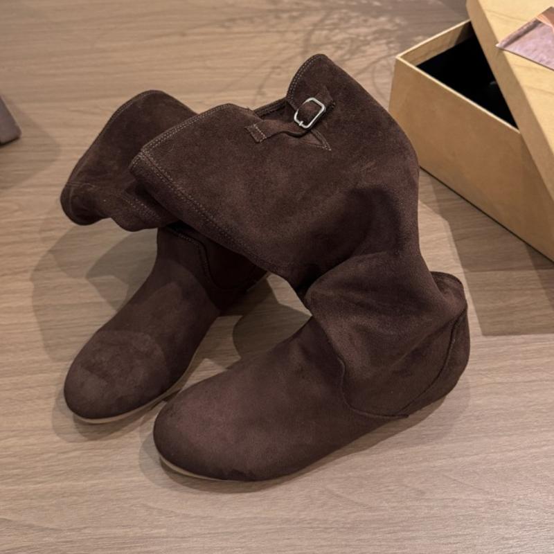 2025 New Women High Boots Knee High Flats Shoes Winter Casual Suede Retro Goth Woman Chelsea Boots Buckle Botas Mujer