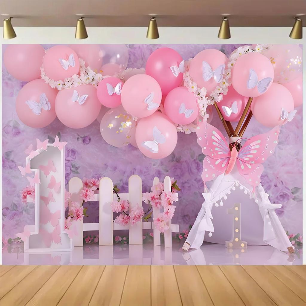 1 Piece, Pink Balloon and Butterfly Flower Themed One-year Birthday Party Background Cloth