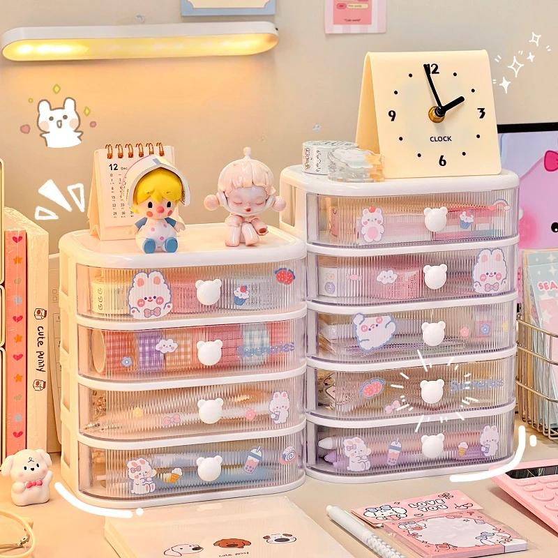Desktop Storage Box Student Stationery Desk Multi-layer Organizer Clear Drawer with Cute Stickers Accessories Organizer Rack