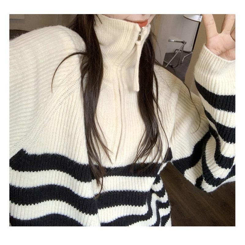 Pruhovaný pulovr se stojáčkem a polovičním zipem pro ženy Podzimní a zimní volný pletený svetr pro ženy
