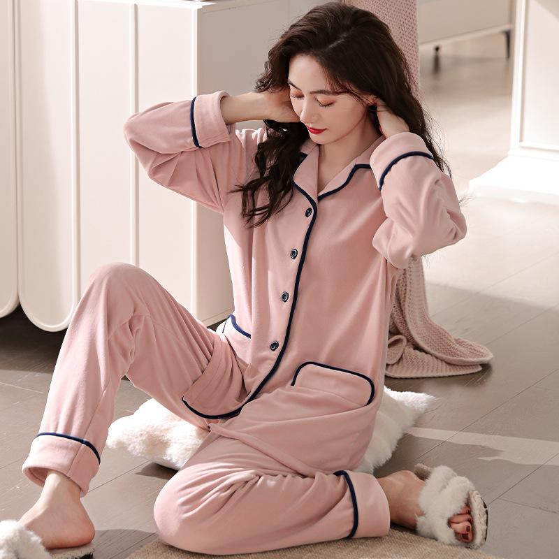 Pyjama Damen Winter Korallenfleece Verdicktes Fleece Damen Herbst und Winter Insel-Fleece Große Größe Winter Flanell Loungewear