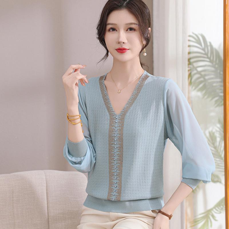 Stylish Spring Knit Top with Gauze Sleeves for Middle-aged and Elderly Women