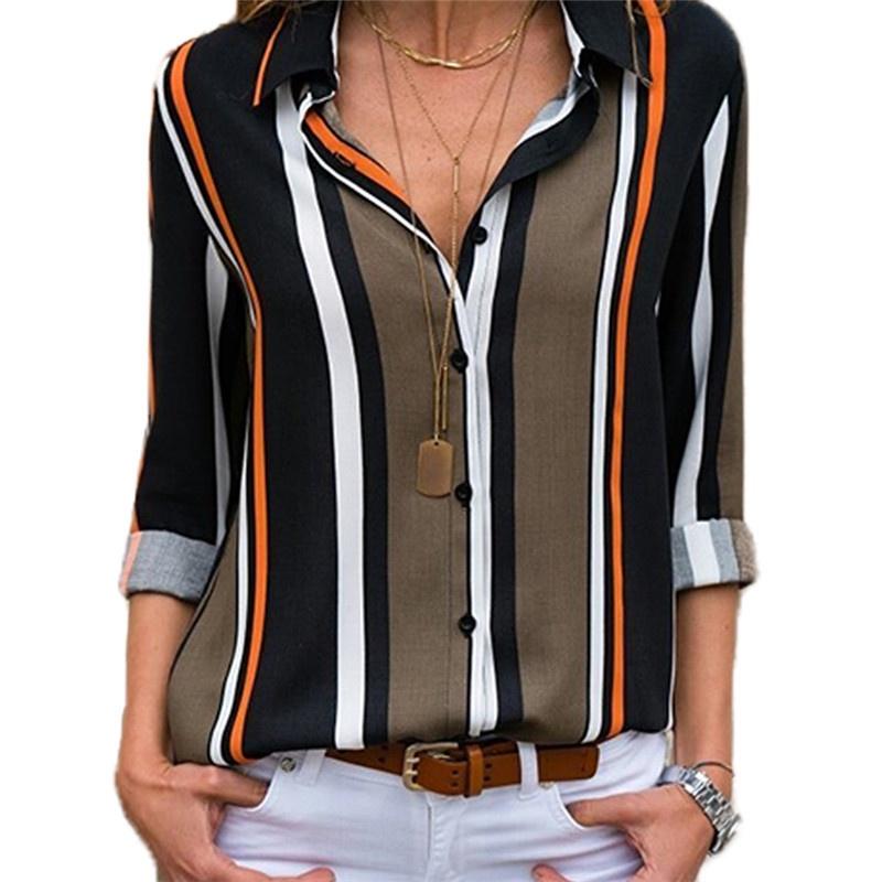 Elegant Women Autumn Striped Floral Button V Neck Long Sleeve T Shirt Casual Blouse