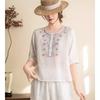 Womens Pink Linen Blouse Casual Floral Embroidered Half Button 3/4 Sleeve Top