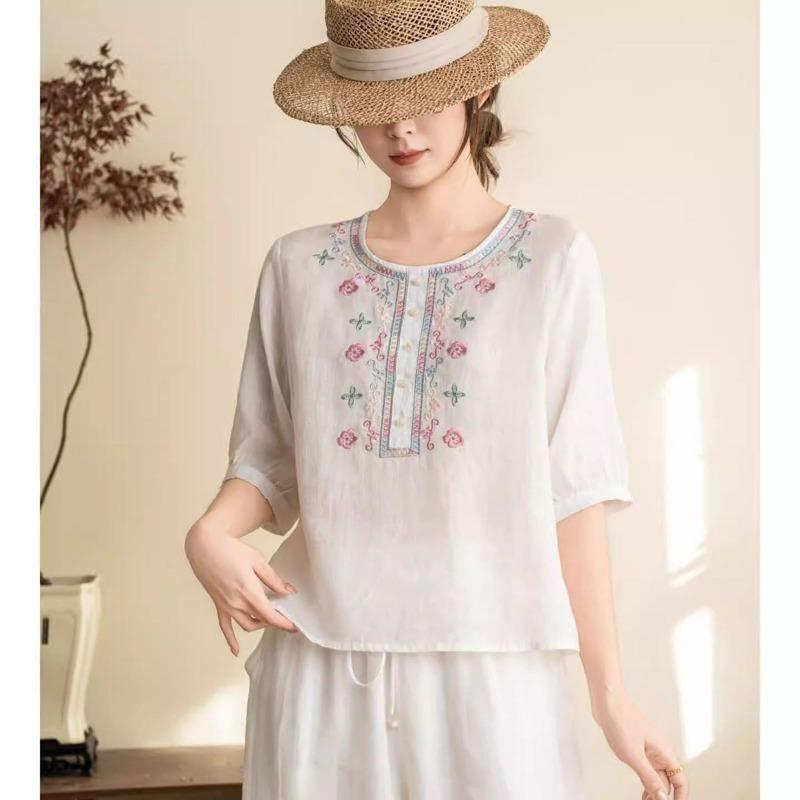 Womens Pink Linen Blouse Casual Floral Embroidered Half Button 3/4 Sleeve Top