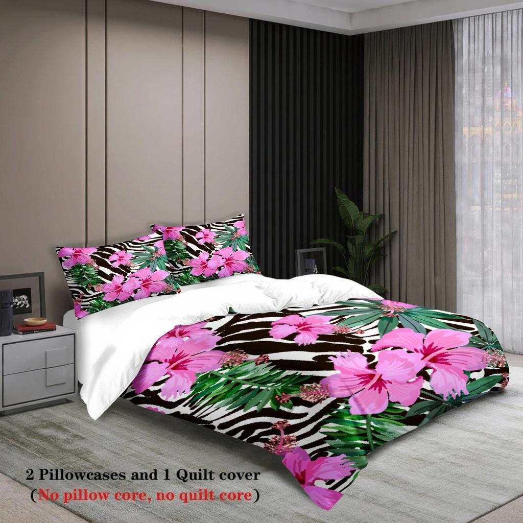 3pcs Floral Illustration Style Duvet Cover Zebra Stripe 3D Printed Single Twin Queen Size 100% Polyester Quilt Cover Sets