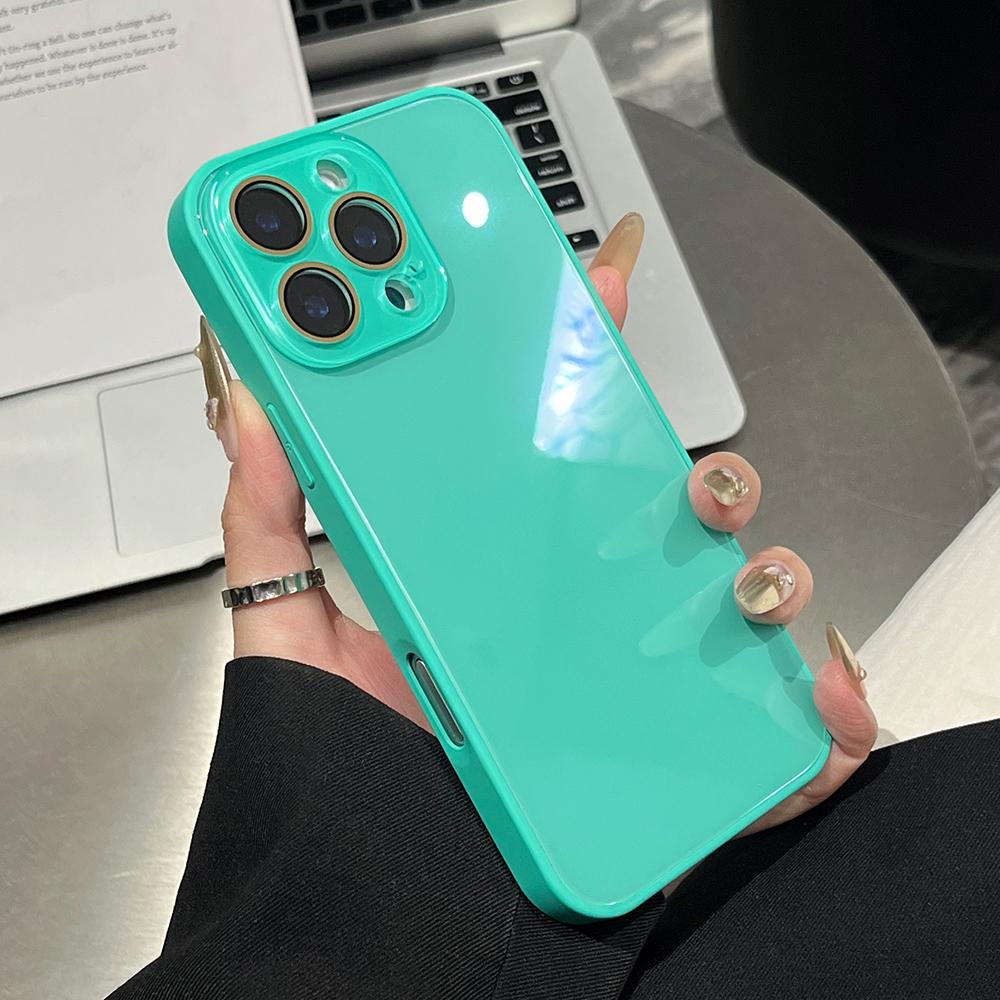 Glossy Solid Color Phone Case For iPhone 17 16 15 14 13 12 11 Pro Max Tempered Hard Glass Back Cover