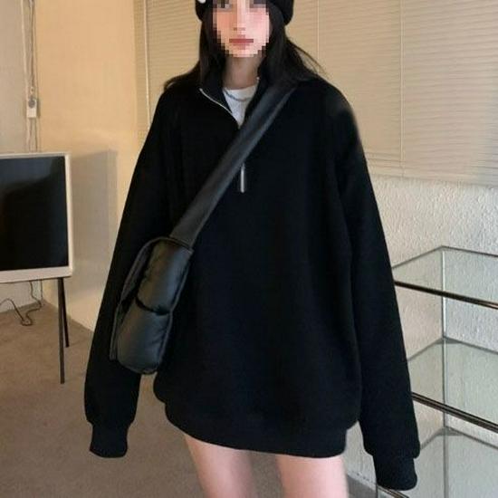 Women's Grey Mid-Length Polo Hoodie - Autumn Winter 2023 Lazy Style Trendy Outerwear