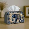 1pc Indian Ethnic Decorative Tissue Holder - Elephant Floral Design In Blue And Golden, Sturdy Napkin Organizer for Vehicle, Kitchen, Dining Area, And