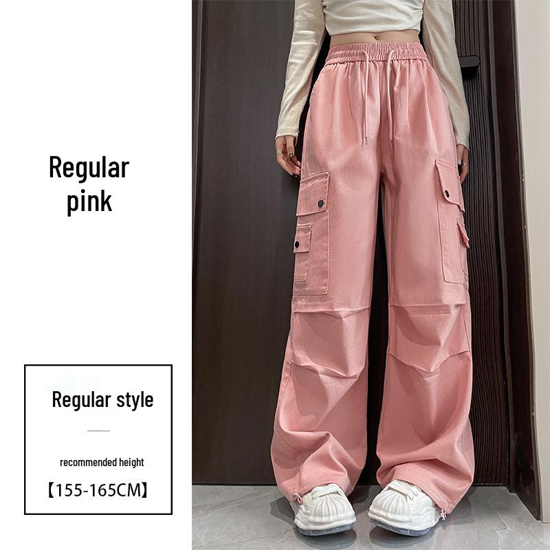 Damen High-Waist Retro Washed Baumwolle Cargohose, Lockeres Gerades Bein, Bodenlang, Aufgeschlagener Weiter Beinabschluss, Frühling Schlankmachender Stil.
