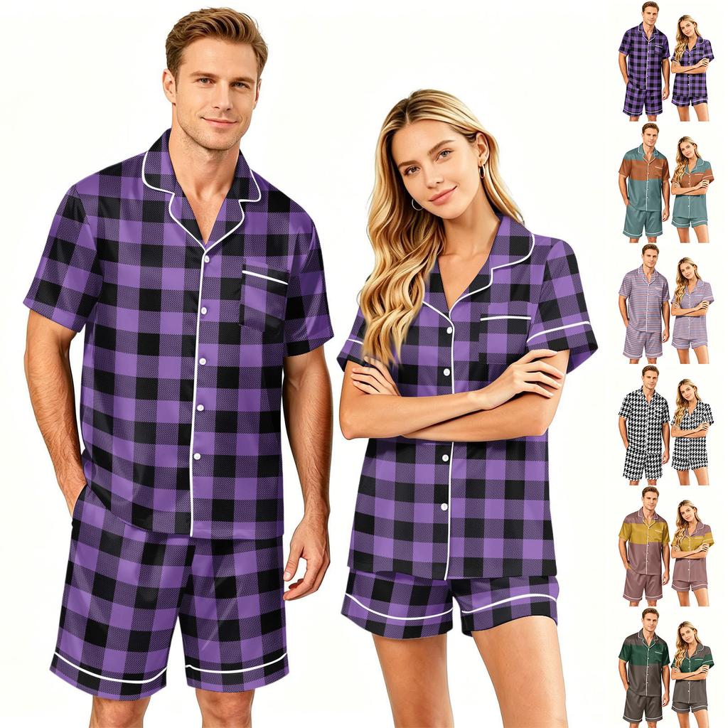 Couple Matching Pajama Set Short Sleeve Button Down Shirt with Hem and Shorts Set Soft Casual Loungewear S To XXXXL