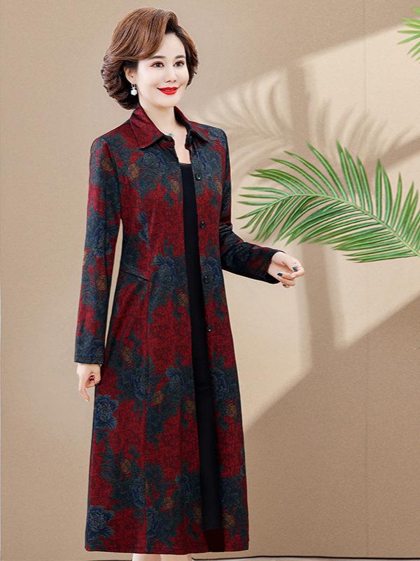 Elegant Autumn Trench Coat Dress Set for Mature Women: Long-Sleeved, Over-the-Knee Two-Piece with Stylish Design