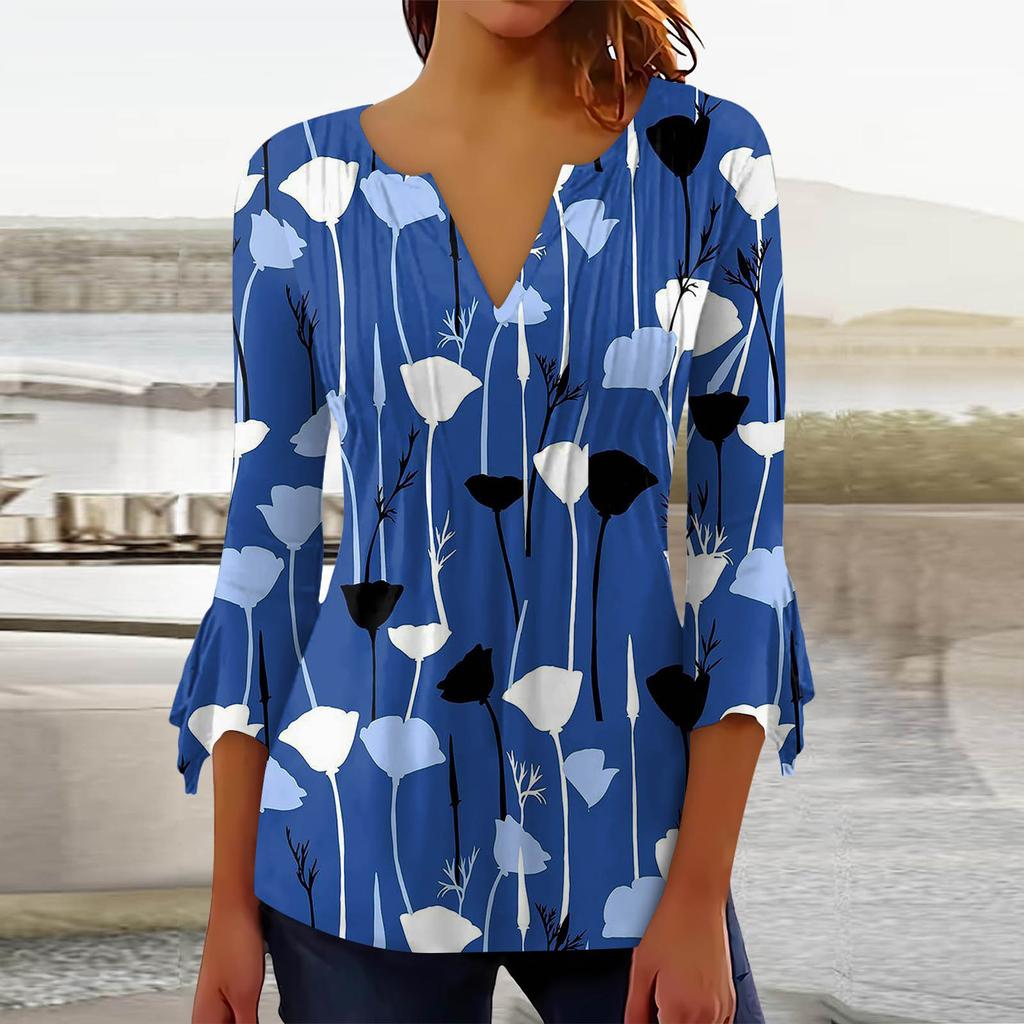Summer Autumn A Line Slim Black White Floral T Shirt Women Loose Elegant 3/4 Sleeve Printed Tops Ladies Clothing