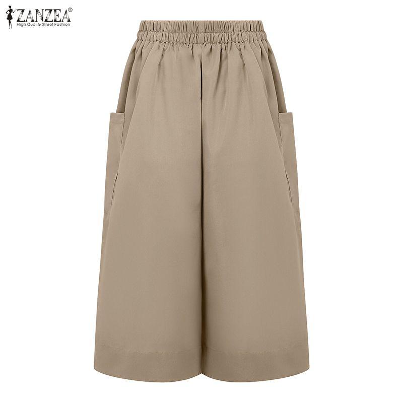ZANZEA Womens Casual Elastic Waist Loose Wide Leg Cropped Pants