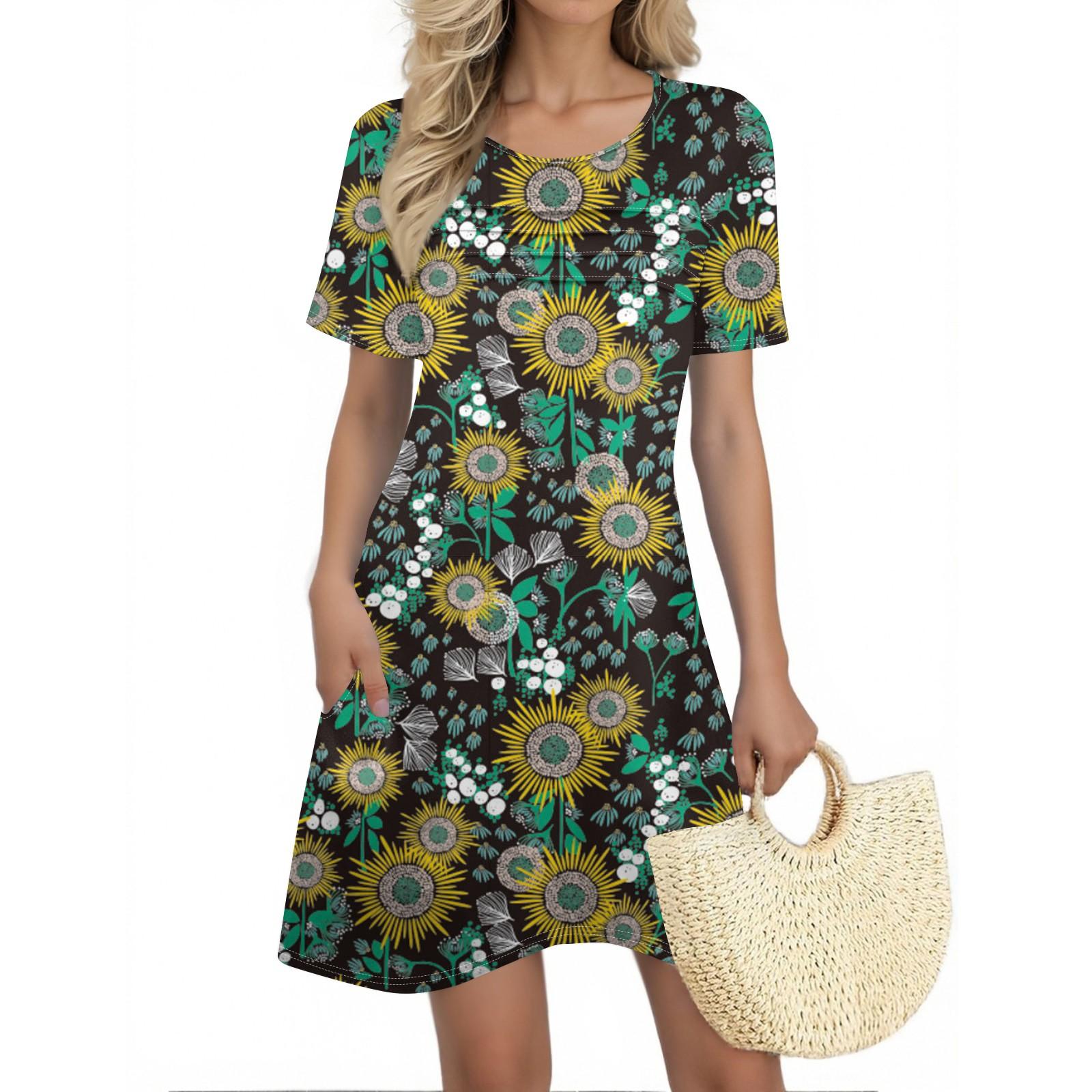 

Женские летние платья Женские летние платья с цветочным принтом Повседневные платья с коротким рукавом и круглыми карманами L зелёный
