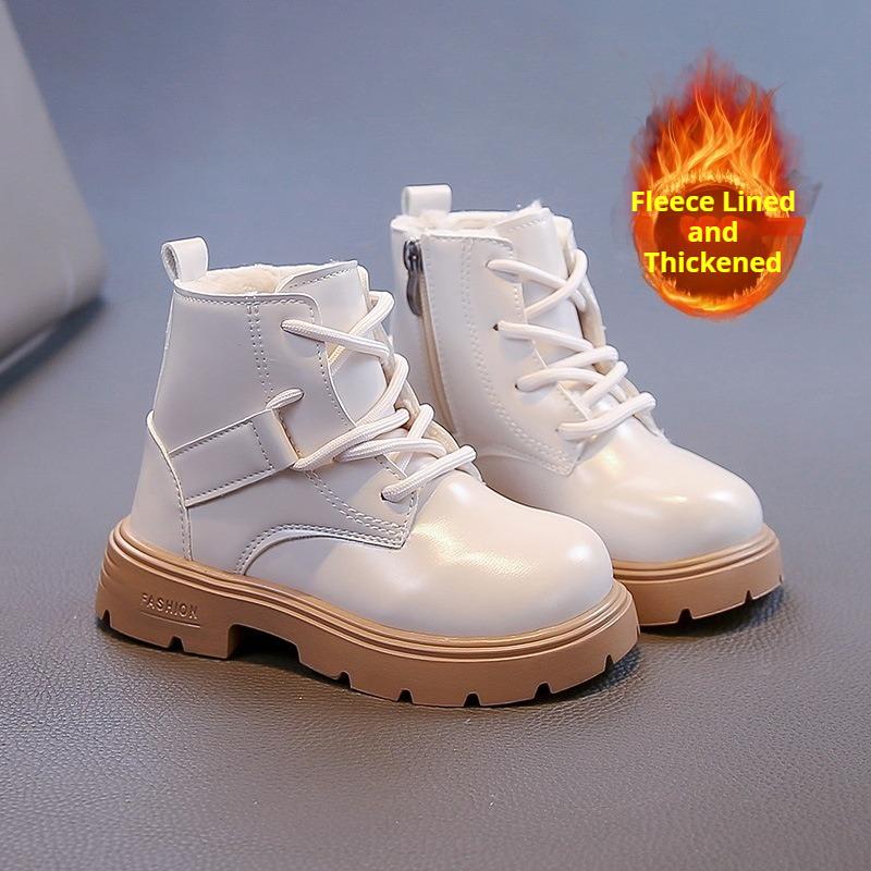 Girls' Handsome Leather Boots Fashionable and Comfortable Leather Shoes Fashionable and Versatile Short Boots Plush Cotton Boots