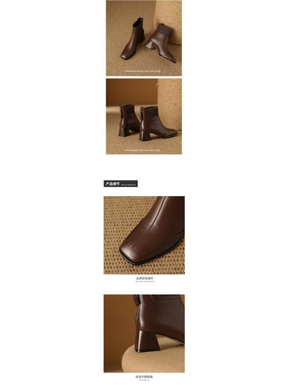 Ghete de damă versatile, la modă, cu vârf pătrat, până la gleznă - Tocuri înalte groase, Plus catifea, Piele tricotată pentru toamna/iarna 2025.